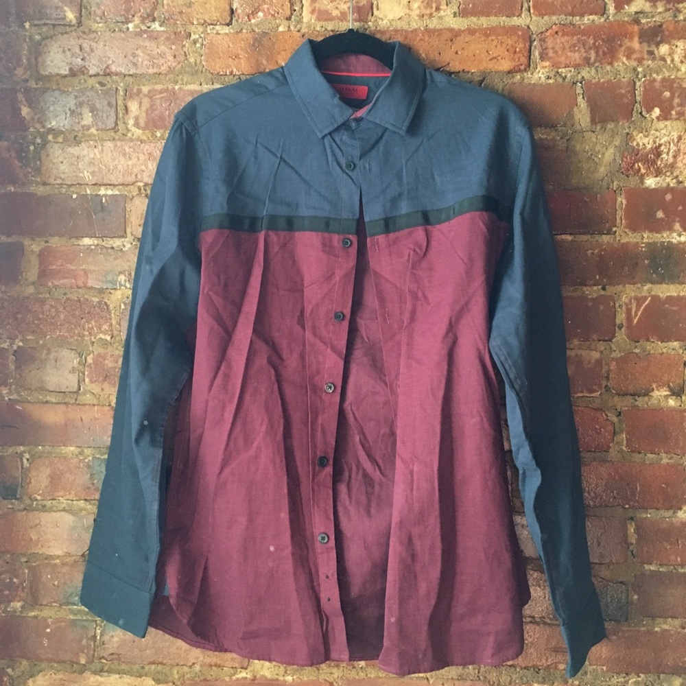 Blue red block print button up